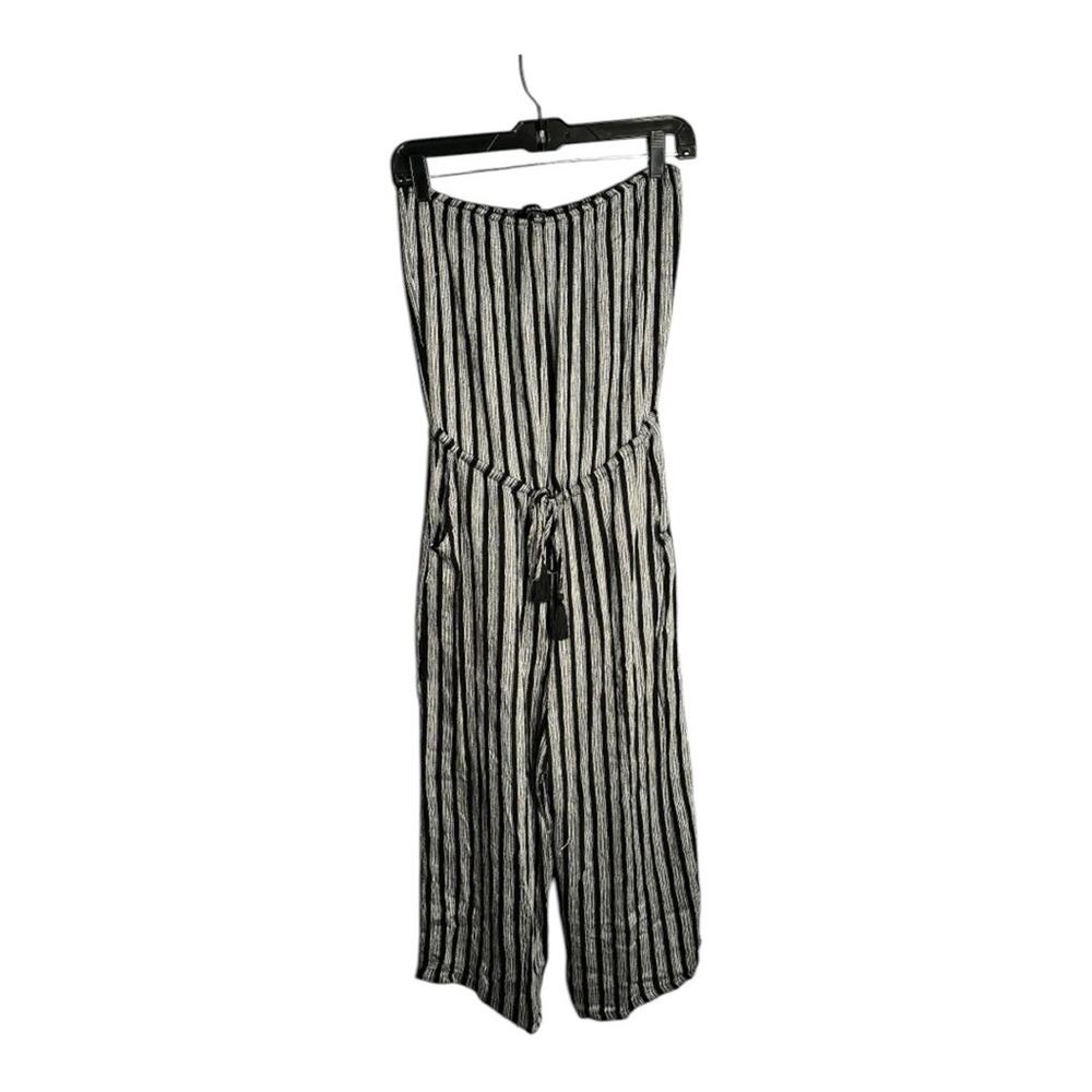 Aakaa Black and Gray Striped Strapless Wide Leg Jumpsuit With Tassels Small